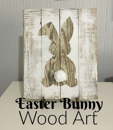 This Easter Bunny Wood Art is so cute we want to keep it up all year round! Hop on over to our site to see how easy it is to make! Easter Wall Hanging, Diy Easter Bunny, Easter Wood Signs, Pallet Signs Diy, Rabbit Silhouette, Easter Wood Crafts, Bunny Silhouette, Barn Wood Projects, Easter Projects