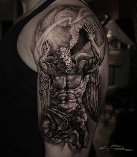 Atlas Tattoo Design, Atlas Tattoos, Dino Tattoos, Greek God Tattoo, Gladiator Tattoo, Atlas Tattoo, Zeus Tattoo, M Tattoos, Statue Tattoo