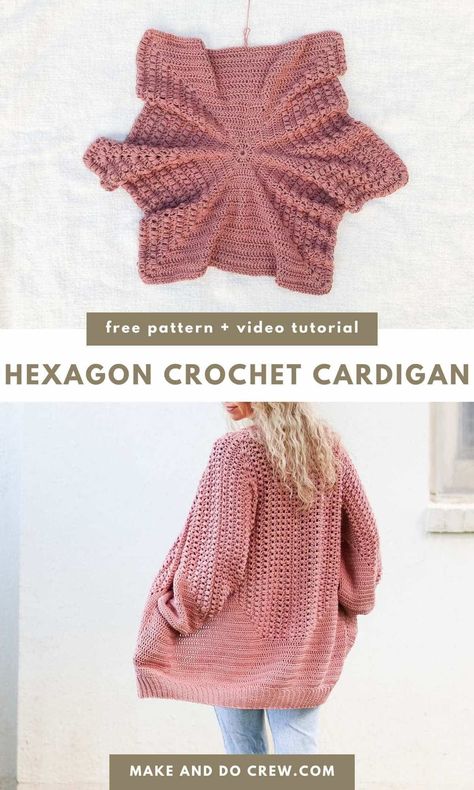 Get ready for fall with this free hexagon cardigan crochet pattern from Make and Do Crew! This easy-to-follow tutorial includes detailed videos, making it perfect for beginners crocheting their first garment. Customize your sweater with different color ideas and add deep pockets for an extra touch of flair. Whether you're looking for a trendy outfit or a cute gift idea, this hexagon motif cardigan is sure to impress. Visit our blog for more crochet cardigan patterns. Solid Hexagon Cardigan, Hexagon Sweater Crochet Pattern, Hexagon Sweater Crochet, Hexagon Cardigan Crochet Pattern, Hexagon Crochet Cardigan, Hexagon Cardigan Crochet, Crochet Hexagons, Hexagon Crochet Pattern, Hexagon Cardigan