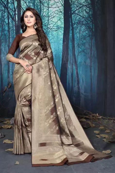 Buy Aashvi Creation Embellished Kanjivaram Silk Blend, Jacquard Brown Sarees Online @ Best Price In India | Flipkart.com Indian Silk Sarees, Silk Saree Blouse, Art Silk Sarees, Festive Wear, Brown Silk, Fancy Sarees, Soft Silk Sarees, Traditional Sarees, Indian Ethnic Wear