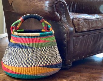 Nicole on Etsy Contemporary Baskets, Colorful Baskets, Pot Design, Bolga Basket, Market Basket, Design Market, Handmade Pot, Hand Woven Baskets, Market Baskets