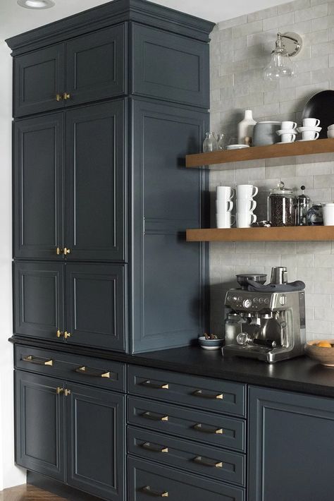 Moody Kitchen, Casa Hobbit, Blue Kitchen Cabinets, Large Pantry, Dark Kitchen, Blue Cabinets, Dark Kitchen Cabinets, Black Cabinets, Pantry Cabinet