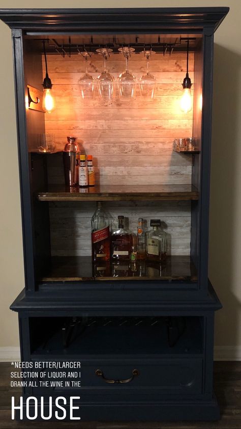 Bookshelf To Bar Diy, Armoire Turned Into Bar, Bookshelf Into Bar, Armoire Bar Repurposed, Bookcase Bar Ideas, Bookshelf Bar Ideas, Coffee Armoire, Diy Liquor Cabinet, Bar Bookshelf