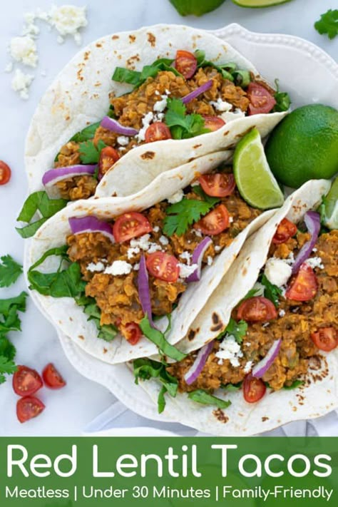 Lentil Tacos Recipes, Best Lentil Recipes, Red Lentil Recipes, Vegetarian Taco, Lentil Tacos, Vegetarian Tacos, Meatless Dinner, Vegetarian Meal, Taco Meat