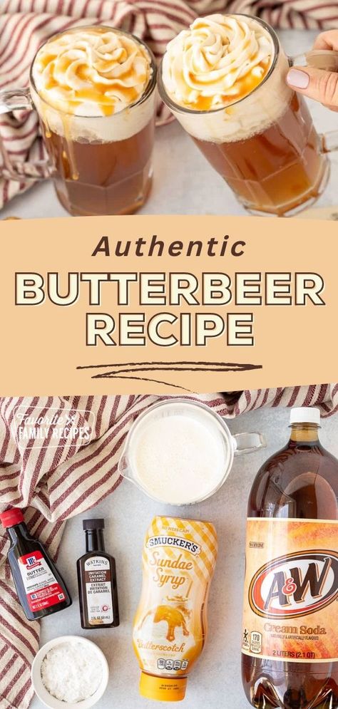 Experience the wonder of Hogwarts with our authentic Butterbeer recipe straight out of the Harry Potter series! Indulge in the rich flavors of butterscotch and cream, topped with a frothy layer of magic. Whether you're hosting a themed party or simply seeking a taste of nostalgia, this recipe is a must-try! Butter Beer Recipe Harry Potter, Harry Potter Butterbeer, Harry Potter Drinks, Harry Potter Snacks, Harry Potter Parties Food, Harry Potter Butter Beer, Butterbeer Recipe, Simple Family Meals, Harry Potter Food