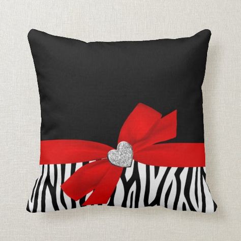 Zebra Red Bow Diamond Heart Throw Pillow Diamond Bedroom, Red Zebra Print, Kawaii Pillow, Black Red Wedding, Bow Pillows, Felt Cushion, Creative Pillows, Decor Business, Black And White Living Room