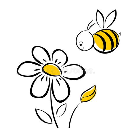 Flower With Bee Drawing, Bees And Flowers Drawing, Bee Flower Drawing, Bee And Flower Drawing, A Bee Drawing, Bees Drawing, Drawing With Flowers, Bee Background, Flowers And Bees