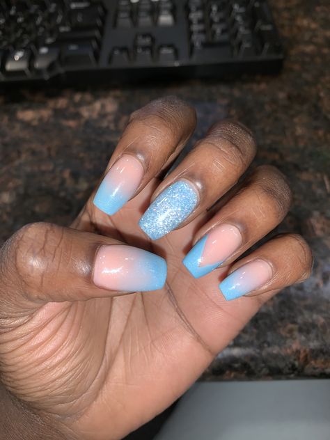 Nails Acrylic Almond Short Spring, Ice Blue Glitter Nails, Sky Blue Glitter Nails, Blue White Sparkle Nails, Clear Blue Glitter Nails, Blue Glitter Gradient Nails, Blue Ombre Nails, Glitter Nails Acrylic, Different Nail Designs