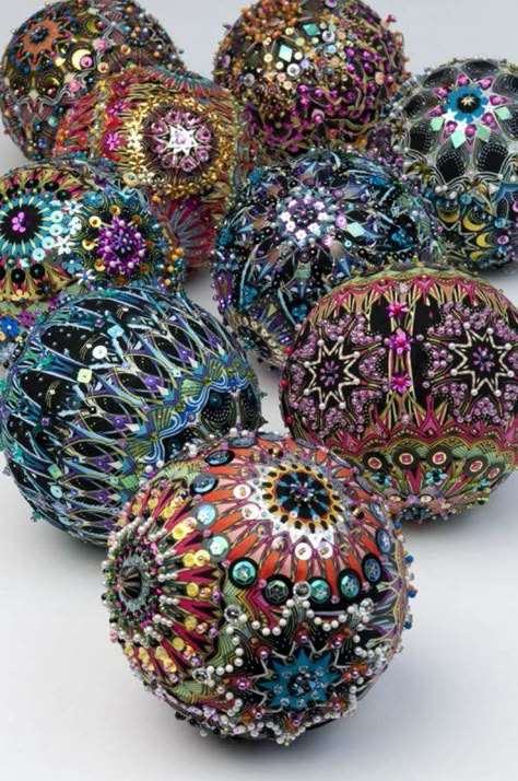 Opulent Ornaments | WeAllSew Jeweltone Christmas, Fabric Balls, Bead Ornaments, Styrofoam Ball, Beaded Christmas Ornaments, Fabric Ornaments, Fabric Beads, Ornament Ideas, Beaded Ornaments