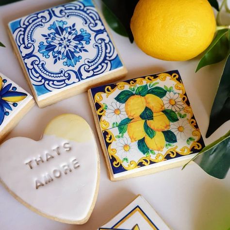 Cookies | Gifts | Events 💕 on Instagram: “🍋THAT'S AMORE🍋 Gorgeous bridal shower cookie tiles that compliment the ever popular Amalfi Coast theme beautifully 💛” Italy Themed Cookies, Amalfi Coast Bachelorette Party, Amalfi Bridal Shower Theme, Thats Amore Bridal Shower Theme, Amalfi Party, Amalfi Coast Theme Party, Lemon Themed Bridal Shower, Bridesmaid Brunch, Italian Party