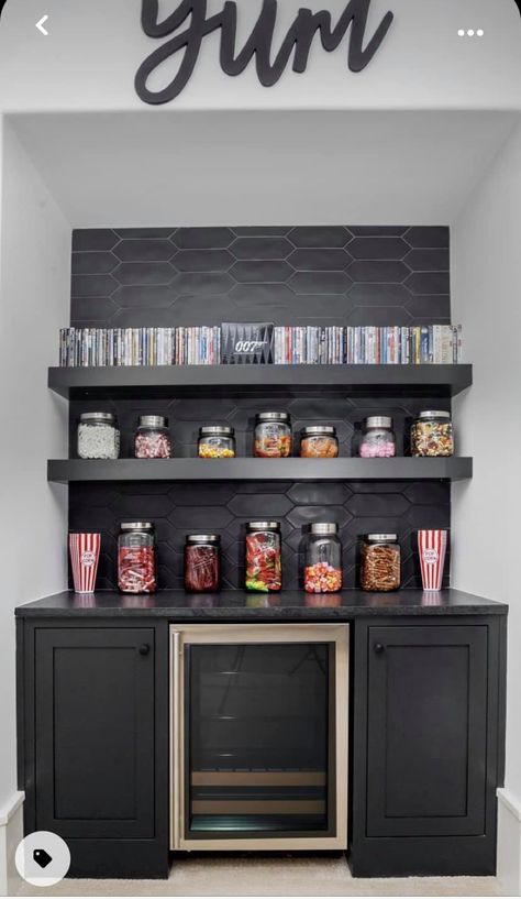 Man Cave Media Room, Home Theatre Candy Bar, Snack Station Movie Room, Theater Room Bar Ideas, Candy Bar At Home, Small Space Movie Room, Home Theater Candy Bar, Theatre Room Snack Bar, Movie Room Bar Ideas