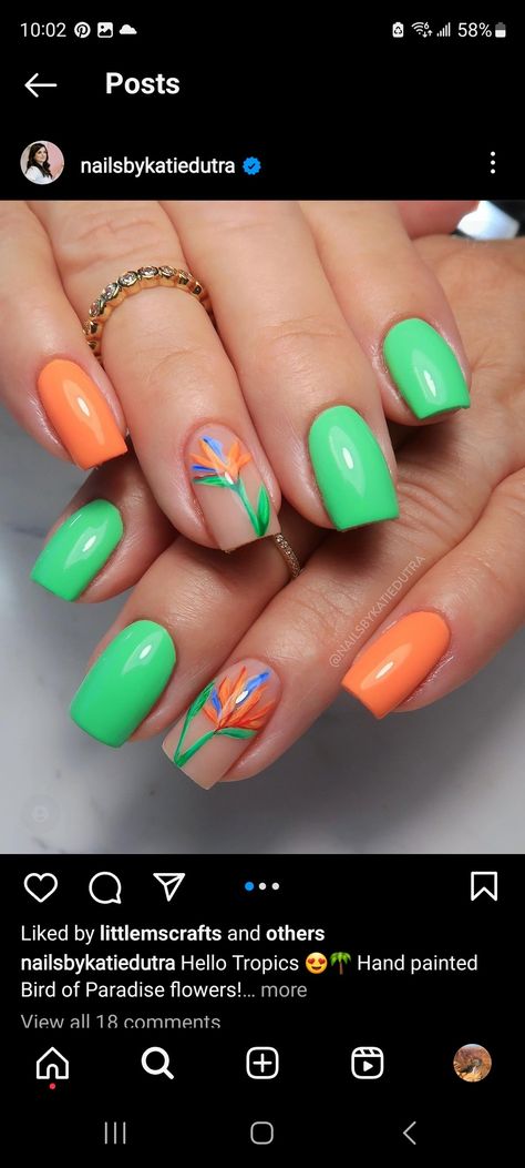 Birds Of Paradise Nail Art, Bird Of Paradise Nail Art, Birds Of Paradise Nails, Bird Of Paradise Nails, Bird Nail Designs, Parrot Nails, Costa Rica Nails, Colombia Nails, Tropical Flower Nails