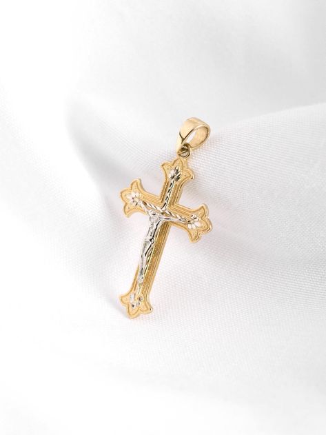 Beautifully handcrafted reversible crucifix charm pendant in two-toned 14k solid gold.  *Metal purity and type: 14k solid gold *Chain NOT included - Price for the cross charm only *Measurements: approximately 30x17 mm (bail included) - 1.18" x 0.67" *Featuring diamond cut accent  *Bail's dimensions (inside): 4.0mm x 2.7mm *Photos are enlarged to show details *Fast & FREE shipping *Comes in a jewelry box *Gift packaging can be added (check variations) *Made in Italy Jewelry Box Gift, Solid Gold Chains, Cross Charms, Gold Cross, Box Gift, Solid Yellow, Diamond Cut, The Cross, Gift Packaging