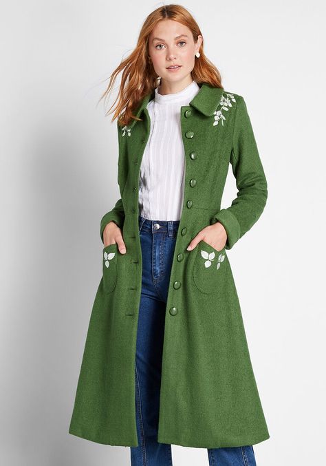 Taking a Stroll Embroidered Coat in 20 (UK) - Long Swing Coat by Collectif from ModCloth Fit And Flare Coat, Form Fitting Clothes, Fall Fashion Coats, Fall Floral Dress, Gamine Style, Embroidered Coat, Cottagecore Fashion, Green Fits, Women's Jackets