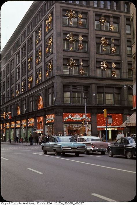 This is Simpson's - their slogan "The Christmas Tree Store"  on the south west corner of Yonge and Queen Sts. ( look carefully for the name) Canadian Christmas, Christmas Tree Store, Vintage Toronto, Christmas Photograph, Canada History, Old Toronto, Yonge Street, Christmas Displays, Eastern Canada