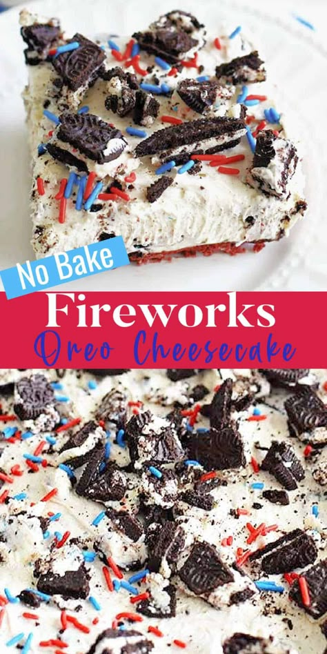 No-Bake Fireworks Oreo Cheesecake Bars add a little spark to lusciously creamy Oreo Cheesecake Bars. Made with colorful sprinkles to make this easy make-ahead dessert a hit for your Memorial Day, July 4th, and summer gatherings. Firework Oreo Cheesecake, Dirt Cake 4th Of July, Fourth Of July Food Potluck, 4th Of July Oreo Cheesecake, Yummy Party Desserts, Fourth Of July Dirt Cake, Snacky Food For Party, Dairy Free 4th Of July Recipes, Food Ideas For The 4th Of July