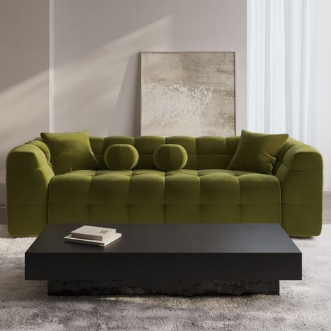 All about meThe Alessia luxury sofa is the perfect snug and stylish addition to any contemporary living space. The square silhouette of the sofa is contrasted beautifully by the round cushions to create the perfect focal point while the olive green velvet pairs perfectly with any interiorNeed to know . Dimensions .  W230 x D99 x H68 cm Weight .  65 kg Max supported weight .  100 kg per seat Seats .  3 Colour .  Olive green Finish .  Upholstered Material .  Velvet fabric wooden frame Filling .  F Olive Green Couches, Green Sofa Living, Green Couch Living Room, Green Sofa Living Room, Round Cushions, Olive Sofa, Cloud Sofa, Olive Green Velvet, Green Living Room