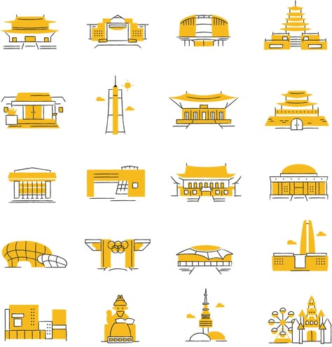 Seoul Landmark Icons on Behance Seoul City, City Branding, Zestaw Ikon, Flat Design Icons, City Icon, Trail Map, Vi Design, Korean Design, Industrial Design Sketch