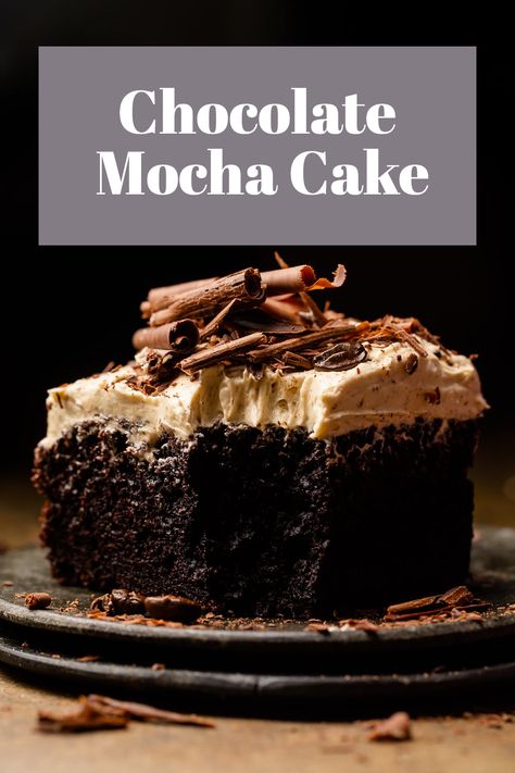 The only thing better than classic chocolate cake… is chocolate cake slathered in mocha buttercream frosting! Instant espresso powder enhances the chocolate flavor and gives the white chocolate buttercream it’s delicious mocha flavor. A must-bake for coffee lovers! #cake #chocolatecake #mochacake Chocolate Cake Espresso Powder, Chocolate Coffee Sheet Cake, Chocolate Cake With Espresso Buttercream, Small Chocolate Coffee Cake, Chocolate Coffee Mousse Cake, Mocha Filling For Cake, Easy Mocha Cake, Mocha Espresso Cake, Chocolate Cake Coffee Frosting