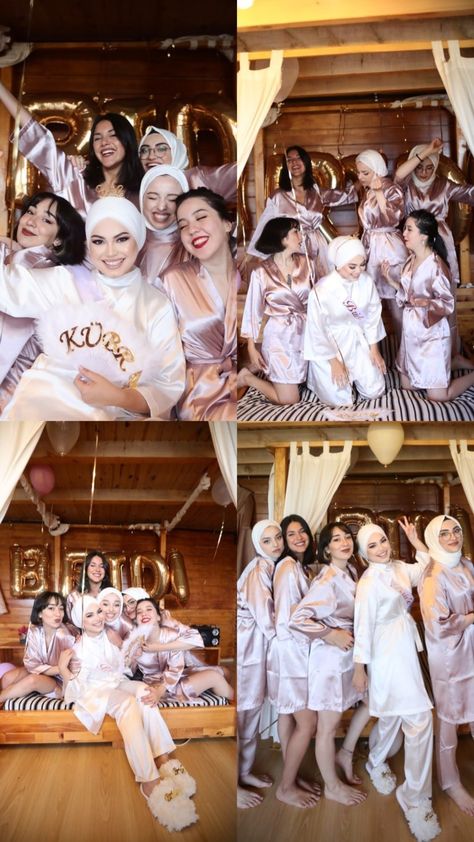 Hijabi Bridal Shower Outfit, Bachelorette Party Hotel Room, Hotel Bachelorette Party, Bridal Robes Getting Ready, Bridal Shower Pictures, Dress Soiree, Bride To Be Decorations, Bridal Shower Bachelorette Party Ideas, Engagement Dress For Bride