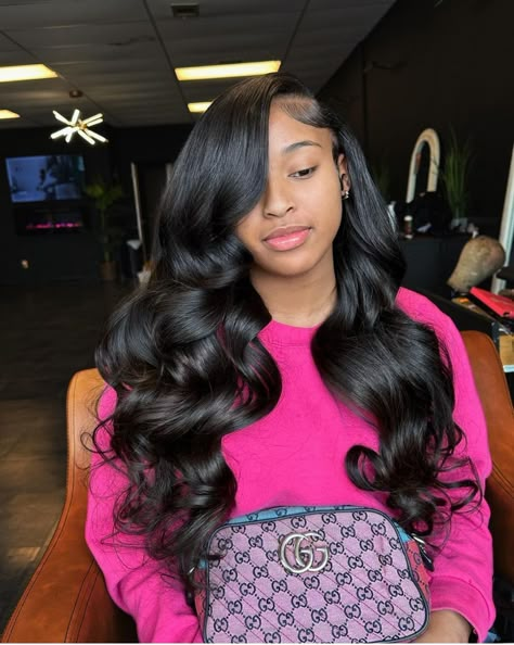 30inch Sew In Weave, Half Up Half Down Hair Black Women Body Wave, Sue In Weave Hair, Sew In Weave With Leave Out Curls, Hairstyle Sew In, Back To School Hairstyles Highschool, Middle Part Layered Curls, Side Part Sew In With Curls, Side Part Curly Quick Weave