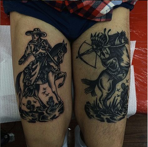 Cowboy & Indian Western Flash, West Tattoo, Western Tattoo, Tattooed Lady, Cowboy Tattoos, Traditional Tattoo Inspiration, Native Tattoos, Traditional Style Tattoo, Geometric Tattoo Arm