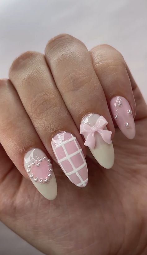 Pink Nails With Bows Girly, Nail Inspiration Coquette, Acrylic Nail Designs Coquette, Princess Nail Designs, Cute Nails With Bow Charm, Beachy Nail Designs, Foil Nail Designs, Couqutte Nails Bow, Plaid Nail Designs