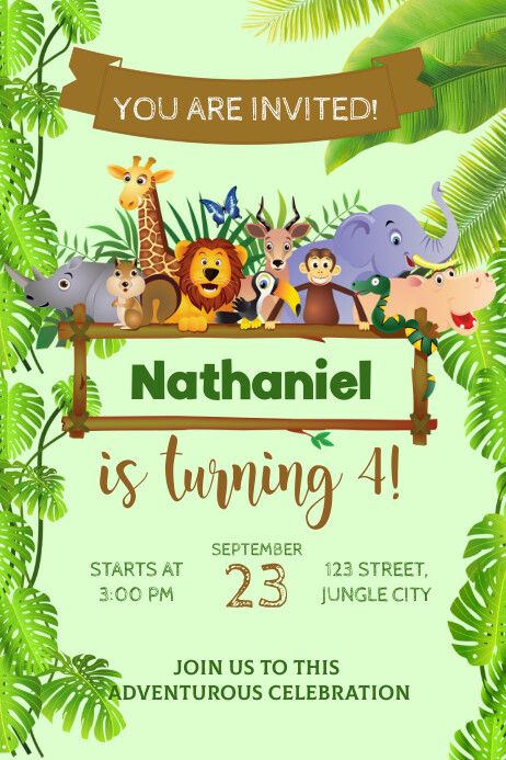 Safari Theme Invitation Template Free, Jungle Themed Invitations, Jungle Theme Invitation Card, Jungle Invitations Template, Safari Invitation Template Free Editable, Jungle Theme Invitation Template, Safari Theme Invitation Template, Jungle Safari Invitation, Invitation Card Design Birthday