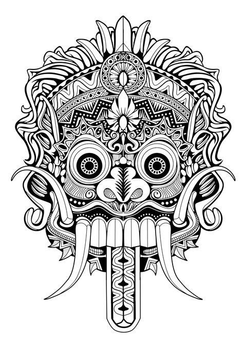 Bali Mask, Tato Mandala, Balinese Tattoo, 42 Tattoo, Mask Drawing, Aztec Tattoo, Mask Tattoo, Japanese Tattoo Designs, Maori Tattoo