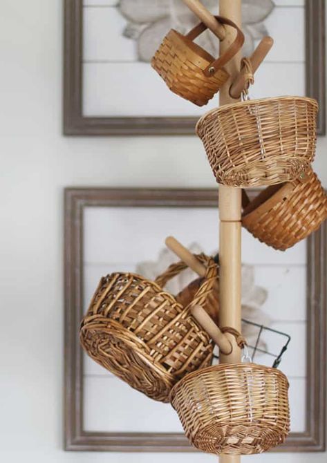 How To Store Baskets, How To Display Baskets, Basket Display Ideas, How To Decorate With Baskets, Wicker Basket Decor Ideas, Basket Tree, French Country Crafts, Wicker Basket Decor, Shelf With Baskets