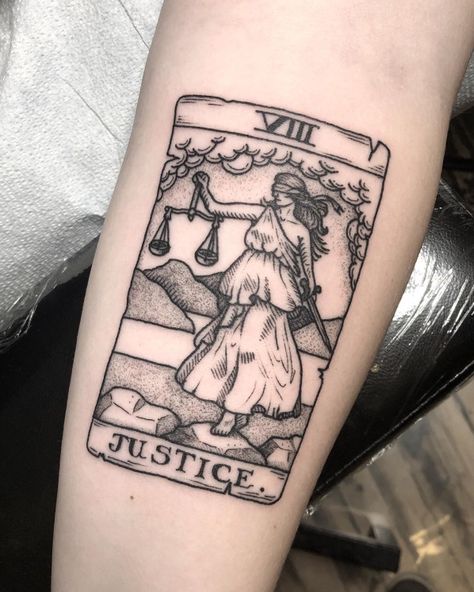 Justice Tattoo, Justice Tarot, Tarot Tattoo, Tarot Card Tattoo, Card Tattoo Designs, Garden Tattoos, Lady Justice, 4 Tattoo, Mythology Tattoos