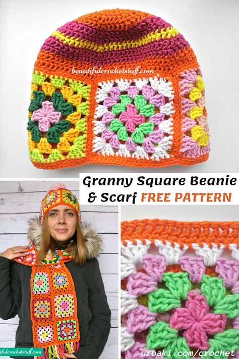 If you fall in love with granny squares then this pattern totally for you! The classic look of granny squares makes your outfit stylish and fantastic. That is why even celebrities wear the scarfs and clothes made from granny squares. Meet the cold winter nights with this free crochet pattern!  You may remember earlier I made a few patterns with granny squares.  #crochet #grannysquare #crochetsquare #scarf #beanie #crochetscarf #crochetbeanie #freecrochet #urbaki #urbakicrochet Granny Square Beanie Pattern, Granny Square Hat Pattern Free, Granny Square Scarf Pattern Free, Granny Square Hat Pattern, Granny Square Hats, Hippie Crochet Patterns Free, Granny Square Beanie, Granny Square Hat, Granny Squares Crochet