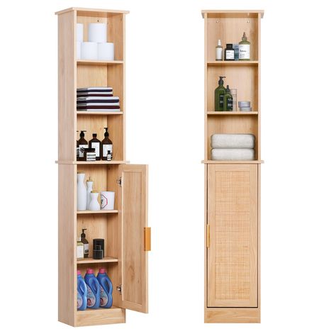 PRICES MAY VARY. 【Improve storage and save space】This tall floor standing cabinet with doors has 2 removable baffles that can not only be removed but also adjusted in height for your convenience and more flexibility. Everything is neatly organized in this tower bathroom cabinet. towels, toiletries and other daily necessities according to your needs. 【Vintage Rattan Corner Cabinet】. 13''D*9''W*65 "H Slim wooden storage shelf with unique rattan natural color decorative style. Delicate lines and te Small Bayhroom Storage, Towel Cabinet Ideas, Narrow Space Storage, Cabinet Towels, Bathroom Cabinet Organization Ideas, Tiny Bathroom Storage Ideas, Rustic Bathroom Storage, Bathroom Storage Ideas For Small Spaces, Bathroom Linen Tower