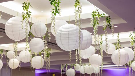 Wisteria And Paper Lanterns, Wedding Ceiling Lanterns, Venue Ceiling, Hanging Lanterns Wedding, Bridal Dinner, Wedding Ceiling Decorations, Ceiling Drapery, Wedding Lantern, White Paper Lanterns