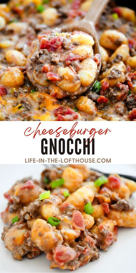 Cheeseburger Gnocchi, Gnocchi Easy, Gnocchi Recipes Easy, Gnocchi Recipes Homemade, Gnocchi Dishes, Gnocchi Recipe, Potato Gnocchi, Potato Dumplings, Seasoned Ground Beef