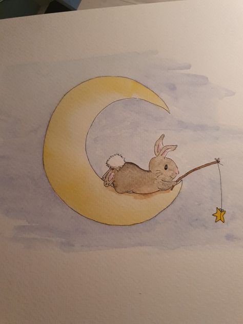 Bunny On The Moon Tattoo, Lily Tattoos, Painted Cards, Bunny Tattoos, Lily Tattoo, Moon Drawing, Paint Cards, Year Of The Rabbit, Baby Card