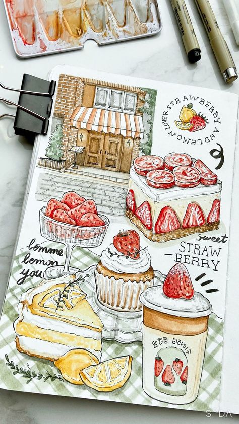 Food Art Inspiration, Book Of Drawings, Cute Food Drawing Ideas, Art Inspo Sketchbooks Aesthetic, Aesthetic Food Sketch, Illustration Drawing Ideas, Watercolor Art Sketches, Art Idea Aesthetic, Food Art Journal