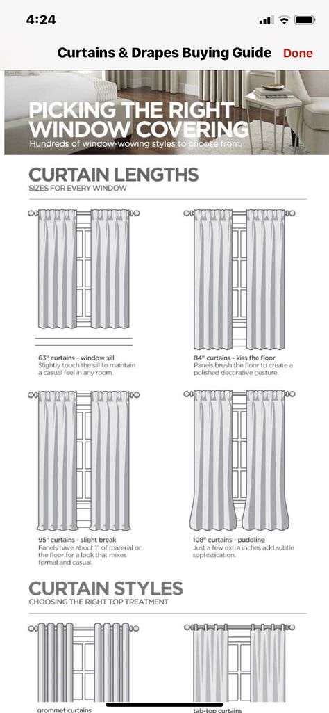 Window Curtain Length Guide, Curtain Size Guide, Floor Length Curtains, Curtain Length Guide, Curtain Styles, Tab Top Curtains, Curtain Length, Tab Curtains, Curtain Sizes