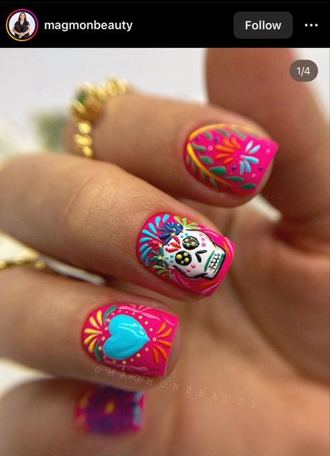 Book Of Life Nails, Dia Los Muertos Nails, Mexican Halloween Nails, Coco Inspired Nails, Candy Skull Nails, Day Of The Dead Nails Acrylic, Sugar Skull Nails Acrylic, Hispanic Heritage Nails, Sugar Skull Nails Designs