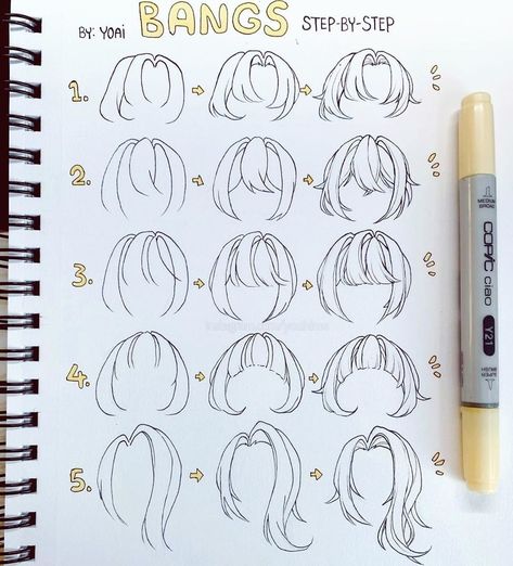 Stationery Island on Instagram: “Draw different types of bangs with this super helpful tutorial by @yoaihime 😍💕 Do you have a fringe? I remember the good old days when I…” Draw Bangs, Hairstyles Sketches, Art Tut, Anime Hairstyles, How To Draw Anime, Anime Ideas, Drawing Hair Tutorial, Manga Hair, Anime Tutorial