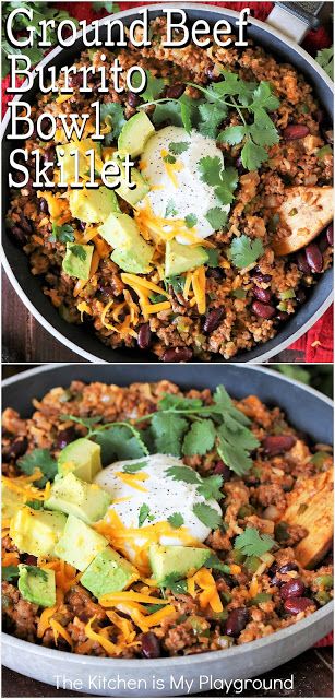 Quick And Easy Dinner Recipes With Ground Beef Healthy, Ground Beef Chipotle Bowl, Crockpot Burrito Bowl Beef, Hamburger Burrito Bowl, Hamburger Protein Bowls, Tortilla Skillet, Ground Beef Burrito Bowl Recipe, Easy Beef Burrito Skillet, Beef Burrito Skillet Recipe