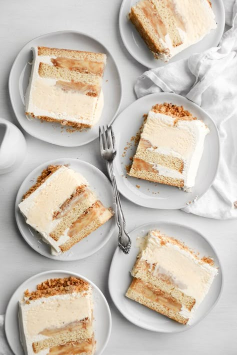 Apple Crumble Ice Cream Cake | Sturbridge Bakery Sturbridge Bakery, Cake Crumble, Cinnamon Crumble, Cake Form, Sweetened Whipped Cream, Cake Layers, Cinnamon Apple, A Piece Of Cake, Apple Crumble