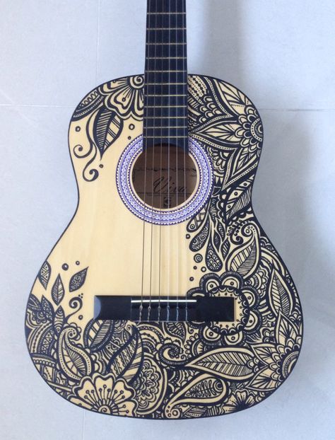 Newest Art Project - Painted Guitar! - Album on Imgur                                                                                                                                                                                 More Arte Do Ukulele, Guitar Decorations, Acoustic Guitar Art, Painted Ukulele, Painted Guitar, Ukulele Design, Guitar Artwork, Ukulele Art, Instruments Art