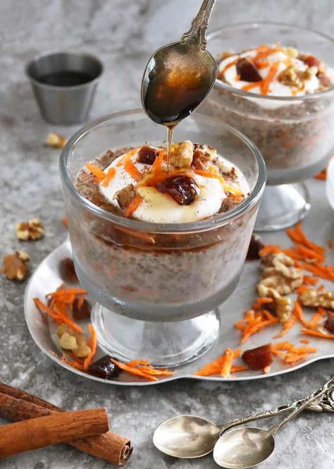 Easy Carrot Cake Chia Pudding - Savory Spin Carrot Cake Chia Seed Pudding, Flavored Chia Pudding, Chia Seed Pudding Apple Cinnamon, Chia Pudding Photography, Vegetable Tikka Masala, Butterfly Pea Chia Pudding, Carrot Curry, Paleo Cake, Spiced Carrots