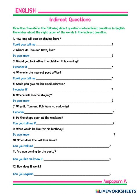 Indirect Questions Worksheet, Picture Story, School Subjects, Online Workouts, Google Classroom, English Lessons, Writing Paper, Grammar, Did You Know