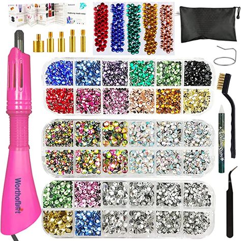 Amazon.com: Worthofbest Hotfix Applicator, Rhinestones Setter Wand Tool, Hot fixed Bedazzler Kit, 4560Pcs, AB Crystal, Rainbow, Clear, 15 Colors, Tips, Tweezers, Tray, Gems Picker Tool,Bag,3 Jewel Size : Arts, Crafts & Sewing Hotfix Rhinestone, Rhinestone Projects, Crystal Rainbow, Rhinestone Crafts, Diy Rhinestone, Pen Kits, Hot Fix, Crystal Ab, Tool Bag