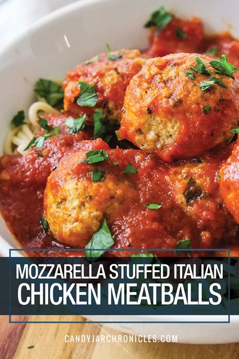 Bursting with flavour and a surprise cheese centre these low-carb chicken meatballs will quickly replace all other meatball recipes. These baked  Mozzarella Stuffed Italian Chicken Meatballs are a definite must!  #meatballs #lowcarb #spaghettiandmeatballs via @Candy Jar Chronicles Italian Chicken Meatballs, Baked Mozzarella, Ground Chicken Meatballs, Mozzarella Stuffed Meatballs, Italian Meatballs Recipe, Chicken Meatball Recipes, Low Carb Meatballs, Cheese Stuffed Chicken, Mozzarella Chicken