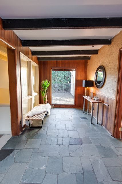 Midcentury Mix in Olympia, WA - Midcentury - Entry - Seattle - by ANNARTHUR HOMES | Houzz Modern Slate Floor, Mid Century Modern Entryway, Orange Front Doors, Interior Front Door, Entryway Tile, Slate Floor, Slate Tile Floor, Tile Floor Living Room, Entry Wall