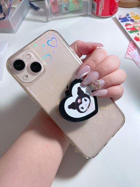 cute soft pink heart nails with iphone 13 heart case and kuromi pop socket Phone Case Pop Socket, Korean Pop Socket, Sanrio Pop Socket, Kuromi Popsocket, Kuromi Phone Case, Heart Pop Socket, Pink Heart Nails, Pink Heart Pop Socket, Decoden Phone Case Kuromi