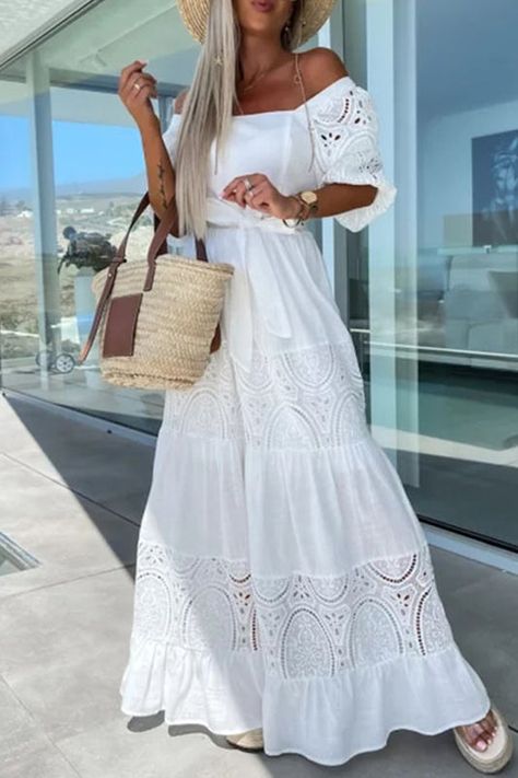 Lace Dresses Casual Long, Cheap Lace Trim Maxi Dress For Day Out, Vacation Maxi Dress, Tie Up Dress, Cut Clothes, White Boho Dress, Elegant Party Dresses, Viscose Dress, Tie Waist Dress